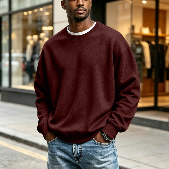 Domuza Men's Crewneck Sweatshirt Solid Color Classic Pullover Long Sleeve Tops, Lightweight Breathable Casual Sweatshirts