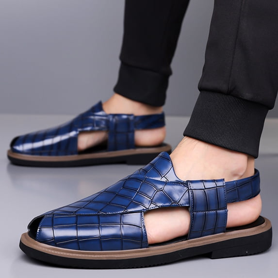 Domuza Men’s Crocodile Embossed Split Toe Back Strap Sandals, Slip On Closed Front Leather Casual Mule Sandals with Block Flat Sole for Daily Summer Wear Dark Blue 8.5 (EU-42)