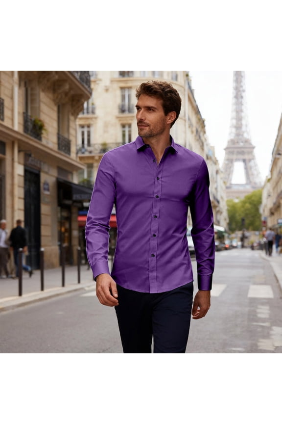 Men's Dress Shirts Long Sleeve Stretch Classic Fit Button Up Shirts Trendy Business Casual Solid Color Blouse Dark Purple XL