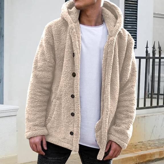 Domuza Men's Fuzzy Sherpa Jacket Fluffy Fleece Open Front Cardigan Button Up Coat Fall Winter Warm Thicken Lined Comfy Soft Outerwear Beige XL