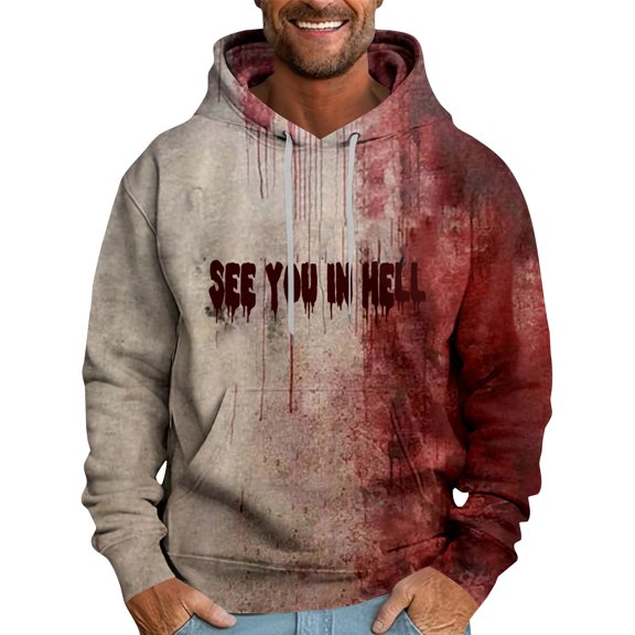 Domuza Men's Halloween Hoodie Novelty Spooky Print Drawstring Hooded Sweatshirt Fall Winter Stylish Loose Fit Long Sleeve Pullover Top with Kangaroo Pocket Deep Red XXL