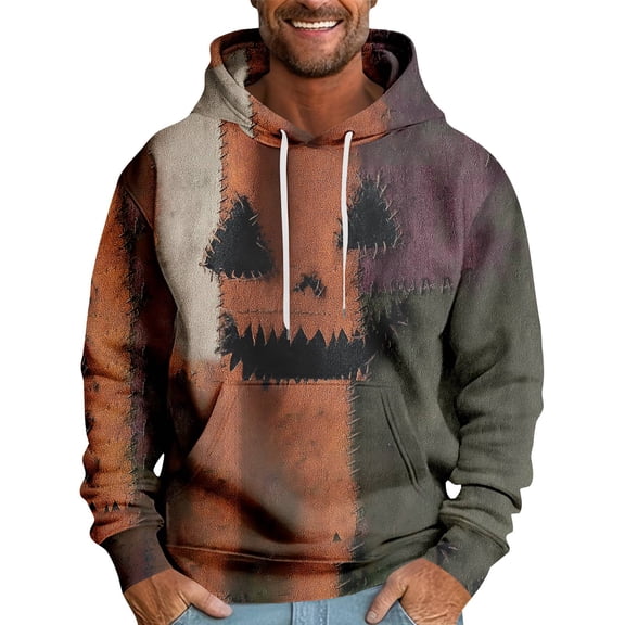 Domuza Men's Halloween Hoodie Spooky Novelty Pumpkin Ghost Graphic Drawstring Hooded Sweatshirt Fall Winter Trendy Loose Fit Pullover with Kangaroo Pockets Light Brown M