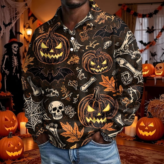 Domuza Men's Halloween Shirt Casual Long Sleeve Novelty Spooky Print Polo Shirts Vintage Regular Fit Button Up Collared Pullover Black XL