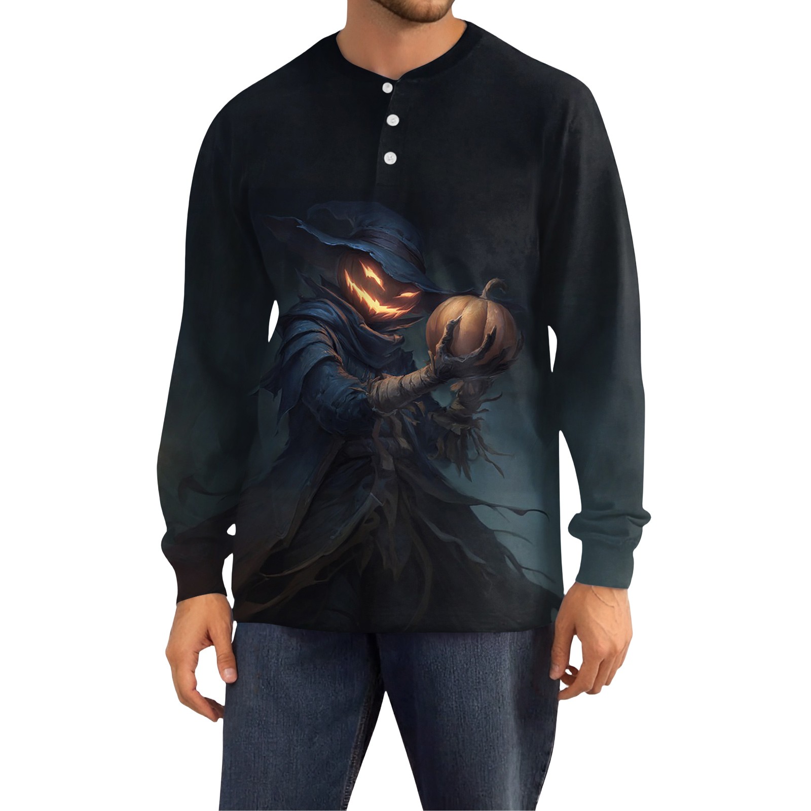 Domuza Men's Halloween Shirt Horror Novelty Print Long Sleeve Loose Fit ...