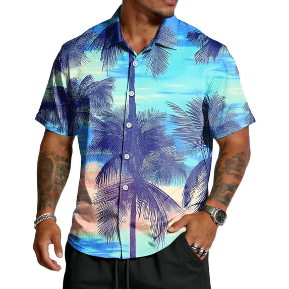 Domuza Men's Hawaiian Shirt Casual Short Sleeves Button Down Collared Shirts Summer Fashion Comfy Beach Vacation Tropical Top Cyan XL