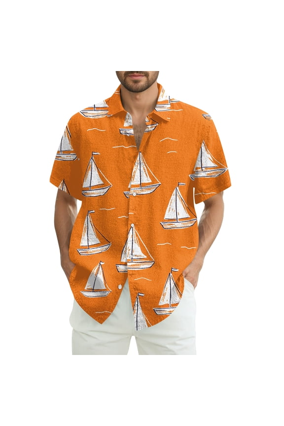 Men's Hawaiian Tropical Shirt Short Sleeve Casual Stylish Button Down T Shirt Lounge Vacation Lightweight Loose Fit Tees Orange 3XL