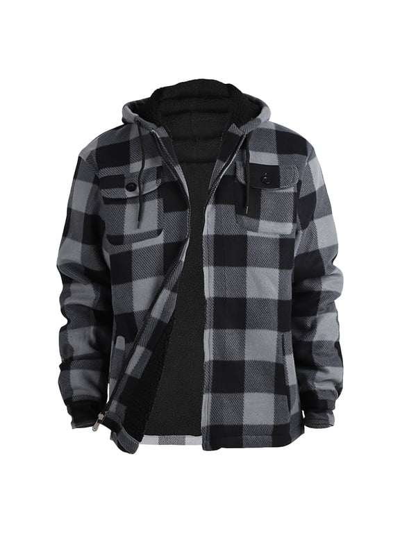Men's Heavy Thick Flannel Plaid Jacket Sherpa Fleece Lined Loose Fit Hooded Coat Fall Winter Thermal Full Zip Quilted Sweatshirt Jacket Gray M