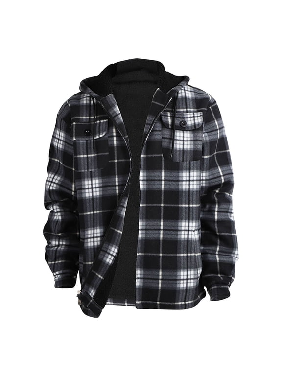 Men's Heavy Thick Flannel Plaid Jacket Sherpa Fleece Lined Loose Fit Hooded Coat Fall Winter Warm Zipper Quilted Outerwear Black L