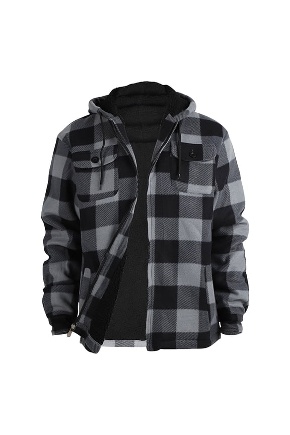 Men's Heavy Thick Flannel Plaid Jacket Sherpa Fleece Lined Loose Fit Hoodies Fall Winter Warm Full Zip Quilted Outwear Gray XL