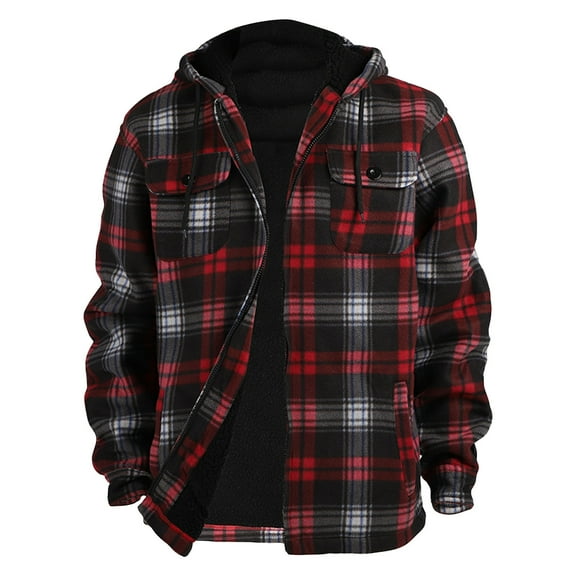 Domuza Men's Heavy Thick Flannel Plaid Jacket Sherpa Fleece Lined Relaxed Fit Hooded Coat Fall Winter Thermal Zip Up Quilted Outwear Multicolor L