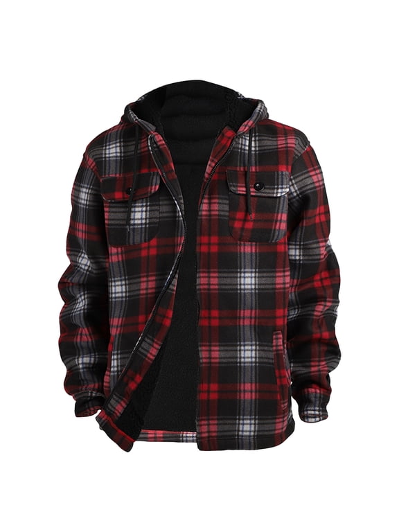 Men's Heavy Thick Flannel Plaid Jacket Sherpa Fleece Lined Relaxed Fit Hooded Coat Fall Winter Thermal Zip Up Quilted Outwear Multicolor L