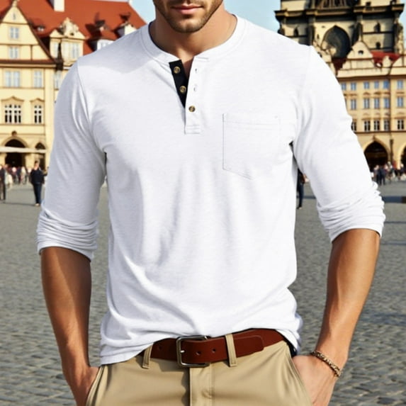 Domuza Men's Henley Long Sleeve Shirts Cotton 3-Button Stylish Casual T-Shirts Fall Soft Comfy Solid Color Regular Fit Basic Tops White 2XL