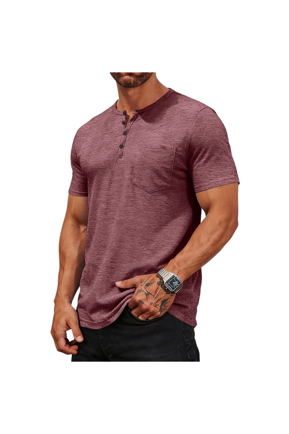 Men's Henley Shirts Casual Plain Slim Fit Short Sleeve Button Down Shirts Summer 2026 Fashion Lightweight Basic Top with Pockets Wine M
