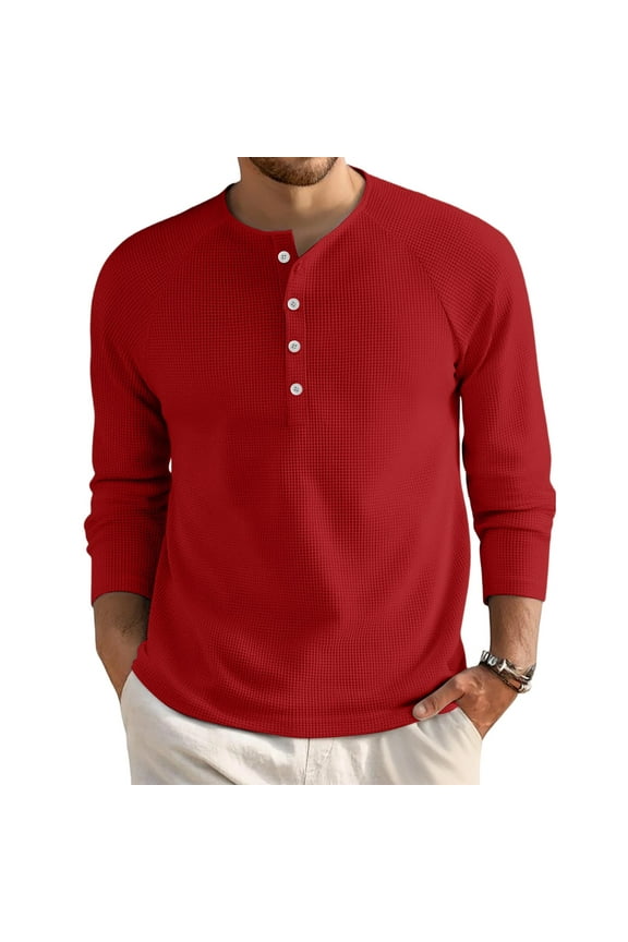 Men's Henley Shirts Casual Stylish Long Sleeve Button Down Waffle T Shirts Fall Thermal Comfy Basic Lightweight Slim Fit Pullover Red XL