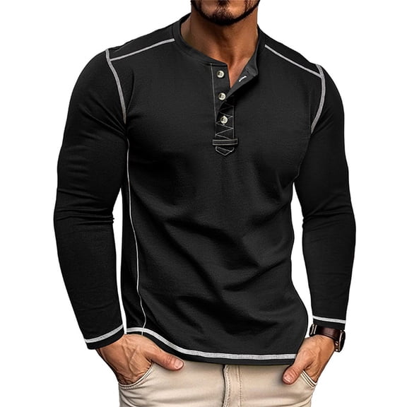 Domuza Men's Henley Shirts Long Sleeve Casual Button Down T-Shirt Fashion Regular Fit Cotton Comfy Soft Pullover Black 2XL