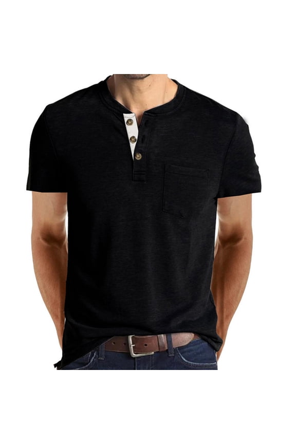Men’s Henley Short Sleeve T-Shirts Casual Tee Shirts Cotton Summer Lightweight Tops with Pocket Black 2XL