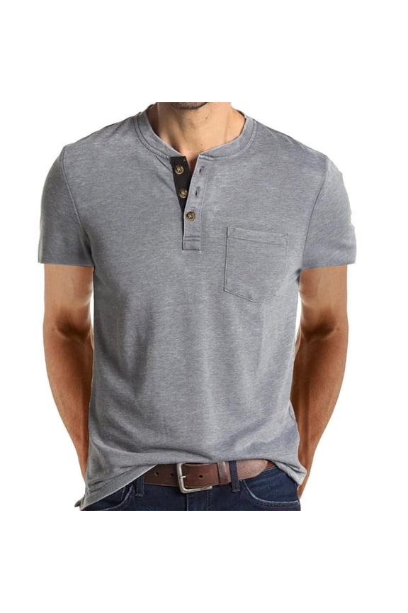 Men’s Henley Short Sleeve T-Shirts Casual Tee Shirts Cotton Summer Lightweight Tops with Pocket Light Gray 2XL
