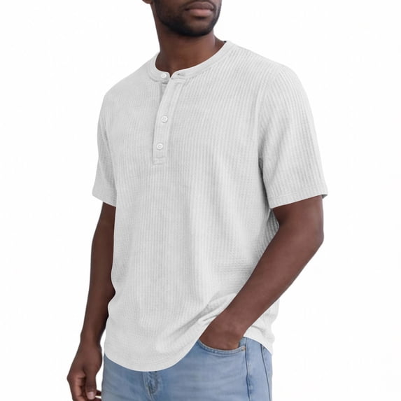 Domuza Men's Henley T Shirts Short Sleeve,Waffle Knit Shirts Casual Basic Button Tee Top Summer Tshirts Pullover White M