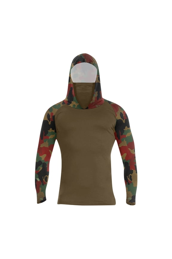 Men's Hooded UPF Rash Guard Long Sleeve Quick Dry Lightweight Cooling Sun Protection Fishing Shirt with Face Mask Army Green 2XL
