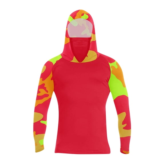 Domuza Men's Hooded UPF Rash Guard Long Sleeve Quick Dry Lightweight Cooling Sun Protection Fishing Shirt with Face Mask Red L