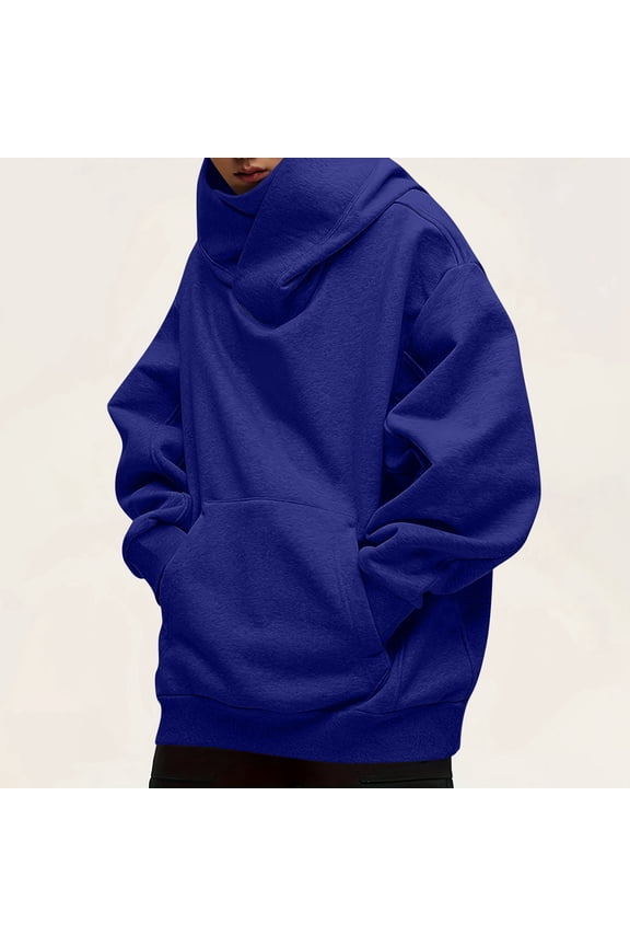 Men's Hoodies Cowl Neck Fleece Solid Color Heavyweight Hooded Sweatshirt Fall Winter Thermal Trendy Relaxed Fit Pullover with Pocket Blue M