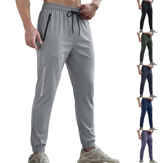 Domuza Men's Joggers with Zipper Pockets Athletic Workout Gym Pants Stretch Running Track Jogging Sweatpants Light Gray L