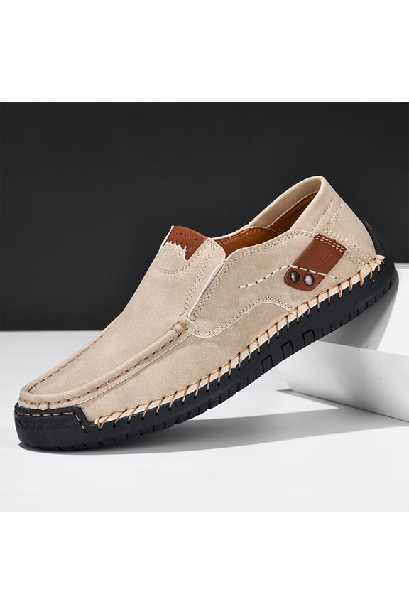 Men's Leather 2026 Summer Casual Slip-On Loafers Driving Walking Shoes,Vintage Trendy Comfy Hand-Stitching Non-Slip Dress Flats Beige 8 (EU-41)