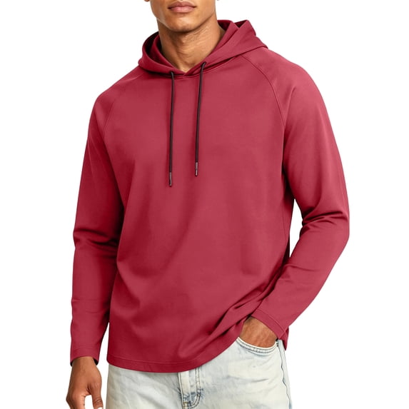 Domuza Men's Lightweight Long Sleeve Pullover Hoodies, Loose Fit Drawstring Hooded Sweatshirts with Convenient Pockets, Soft Athletic Casual Tops Red L