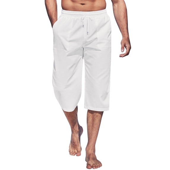 Domuza Men's Linen Capri Pants Casual Lightweight 3/4 Baggy Pants Drawstring Elastic Waist Beach Yoga Pants with Pockets White L