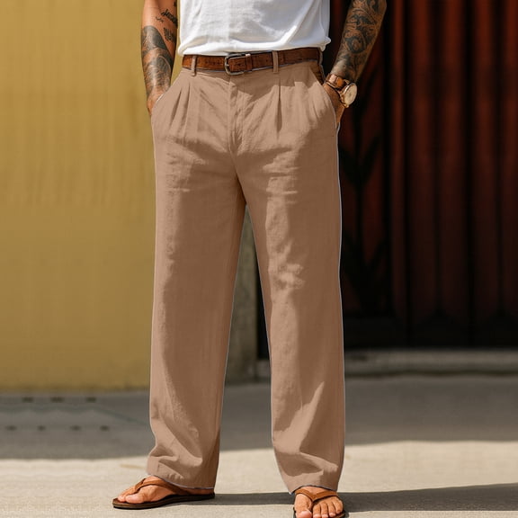 Domuza Men's Linen Pants Casual Fashion Pleated Straight Leg Pleated Slacks Spring Summer Loose Fit Lightweight Beach Pants with Pockets Brown 2XL