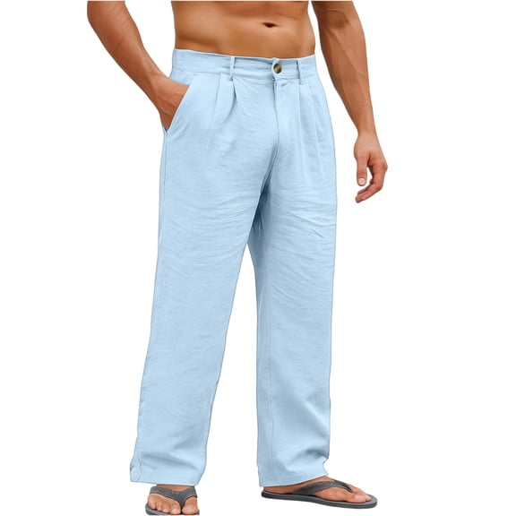 Domuza Men's Linen Pants Casual Stylish Straight Leg Pleated Pleated Slacks Spring Summer Baggy Lightweight Beach Pants with Pockets Light Blue XL