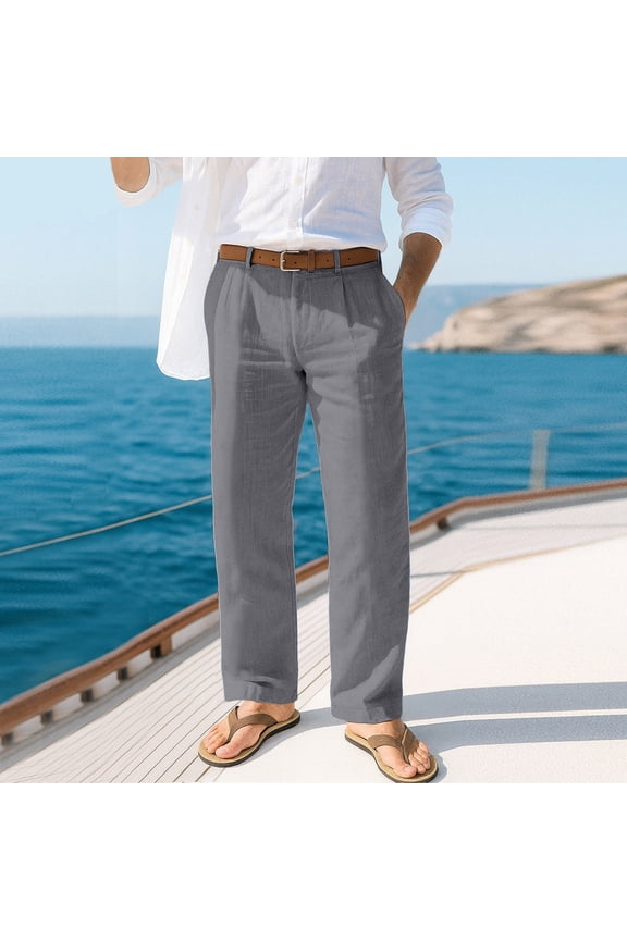 Men's Linen Pants Fashion Casual Straight Leg Pleated Pleated Slacks Spring Summer Lightweight Loose Fit Beach Pants with Pockets Gray L