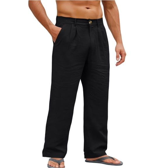Domuza Men's Linen Pants Stylish Casual Pleated Straight Leg Pleated Slacks Spring Summer Lightweight Baggy Beach Pants with Pockets Black 2XL