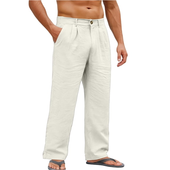 Domuza Men's Linen Pants Stylish Casual Pleated Straight Leg Pleated Slacks Spring Summer Loose Fit Lightweight Beach Pants with Pockets Light Gray XL