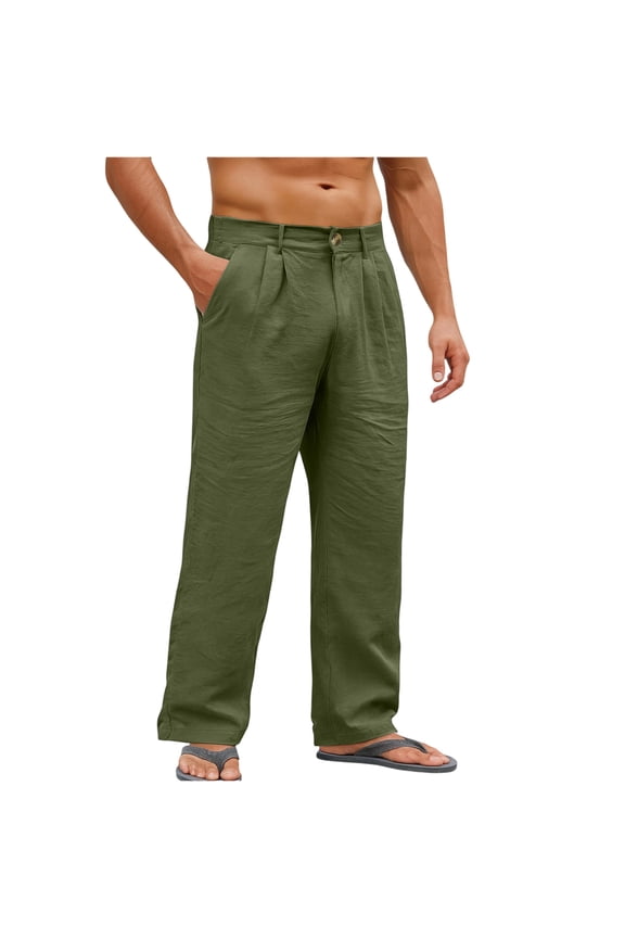 Men's Linen Pants Trendy Casual Pleated Straight Leg Pleated Slacks Spring Summer Lightweight Loose Fit Beach Pants with Pockets Army Green 3XL