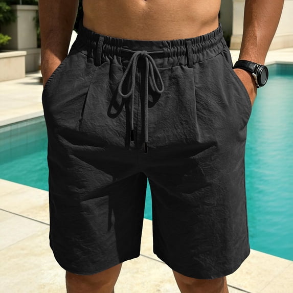 Domuza Men's Linen Shorts Lightweight Cotton Breathable Casual Shorts for Men Summer Beach Vacation Yoga Black L