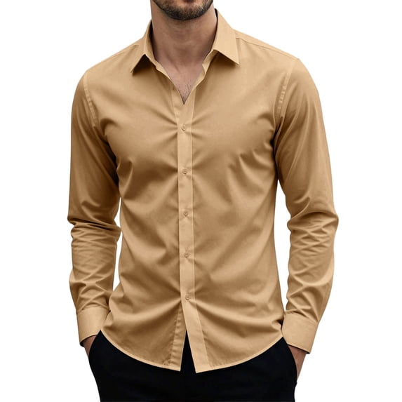 Domuza Men's Long Sleeve Button Up Stretch Dress Shirt Modern Slim Fit Wrinkle-Free Wedding Formal Shirts Khaki 2XL