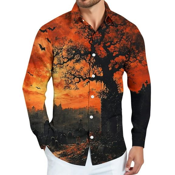 Domuza Men's Long Sleeve Shirts Halloween Novelty Spooky Print Button Up Blouse Casual Regular Fit Lapel Dress Shirts for Halloween Party Saffron 2XL