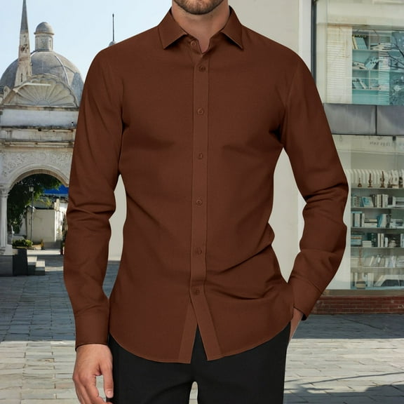 Domuza Men's Long Sleeve Shirts Wrinkle-Free Stretch Classic Fit Button Up Formal Dress Shirts Business Casual Solid Collared Tshirts Coffee XL
