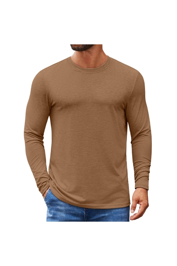 Men's Long Sleeve Tee Shirts Cotton Crew Neck Casual Basic Designed Undershirt Soft Lightweight Slim Fit Stretch T-Shirts Brown XL