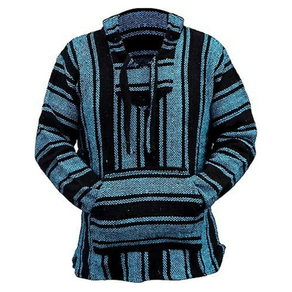 Domuza Men's Mexican Baja Hoodie Long Sleeve Classic Mexican Baja Drawstring Hooded Pullover Trendy Casual Loose Fit Pullover Sweater Jerga Sky Blue S