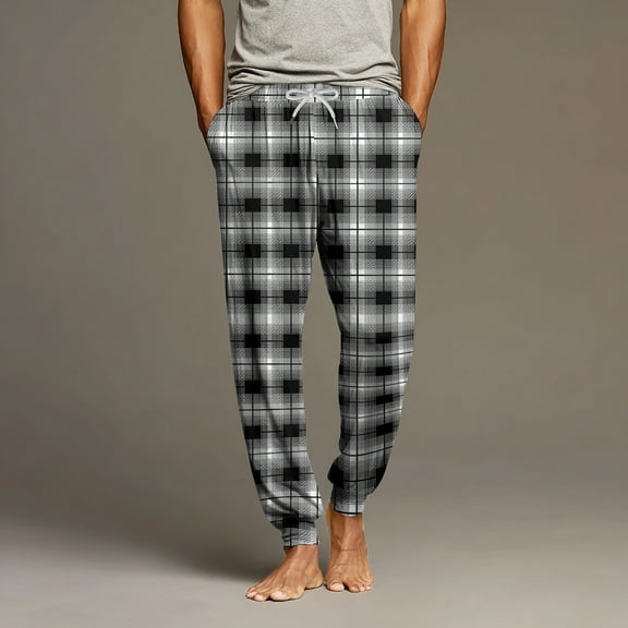 Domuza Men's Pajamas Pants Plaid Loose Comfortable Elastic Drawstring Jogger Pj Pants Lightweight Soft Casual Lounge Sleepwear with Pockets Dark Gray XL