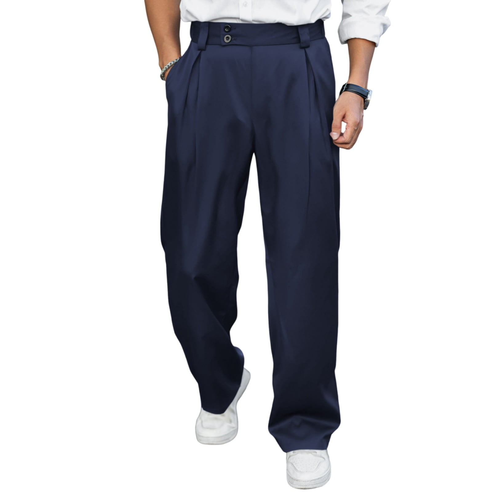 Domuza Men's Pleated High Waist Wide Leg Pants Loose Fit Casual Work ...