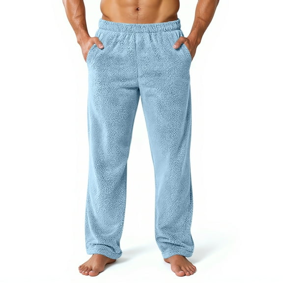Domuza Men's Plush Warm Pajama Pants Comfy Soft Fleece Loose Fit Elastic Waist Pj Pants Fall Winter Solid Color Wide Leg Lounge Sleep Pants Light Blue L