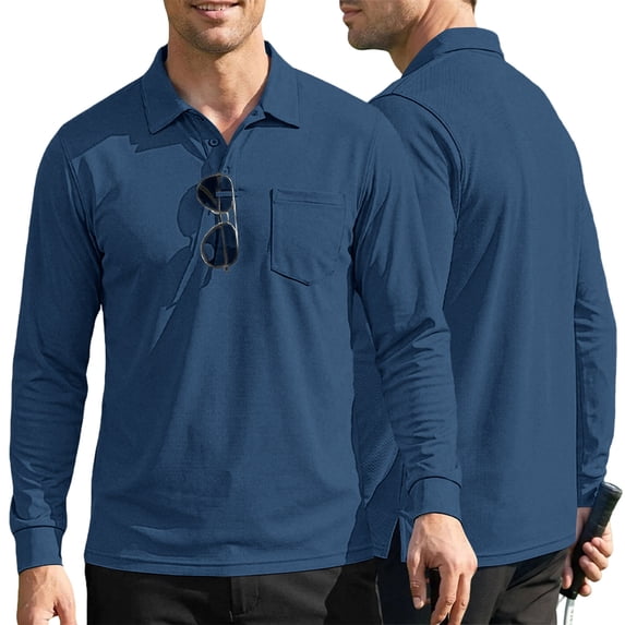 Domuza Men's Polo Shirt with Pocket, Long Sleeve Soft Collared Top, Breathable Casual Shirt for Daily Wear Navy 3XL