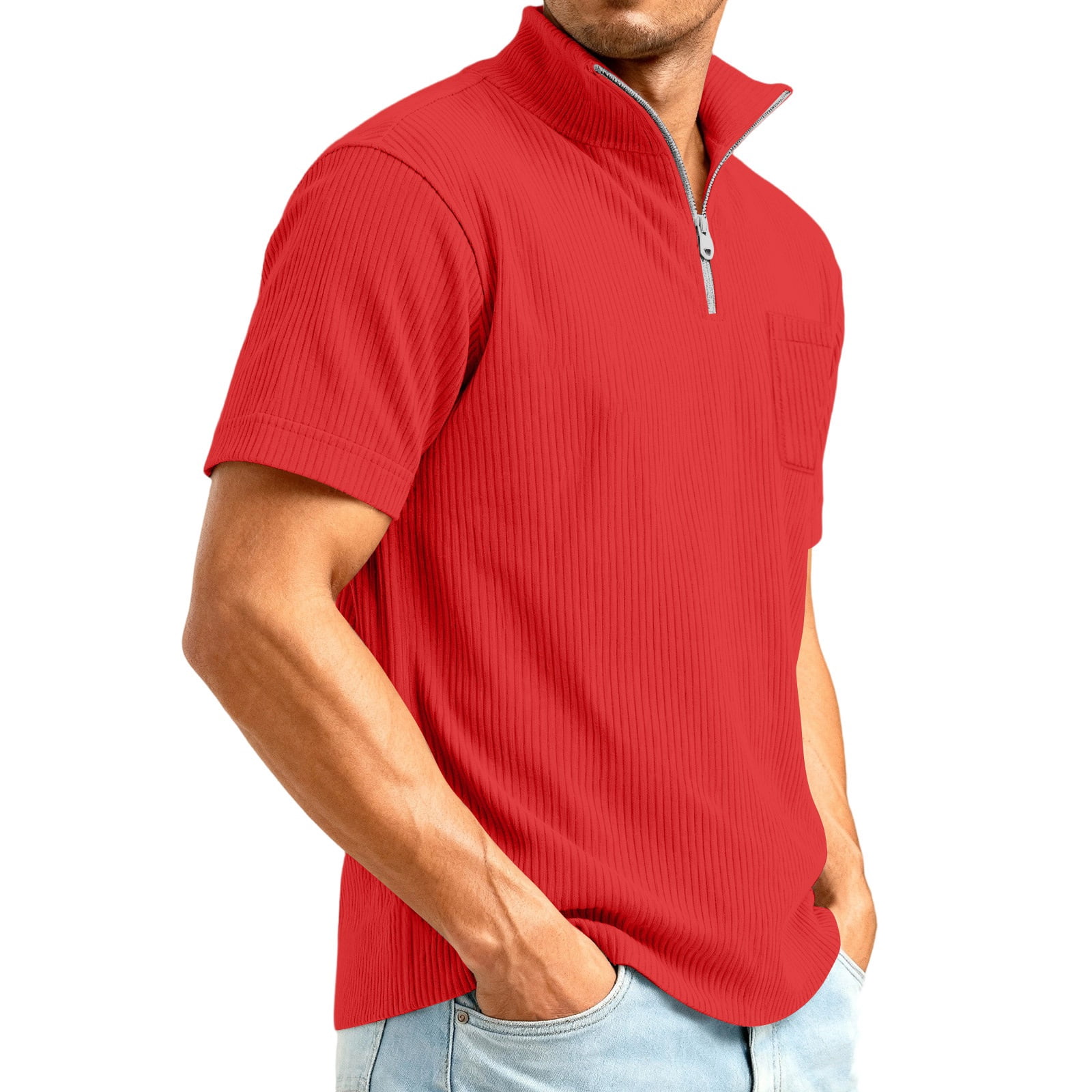 Domuza Men's Quarter Zip Corduroy Shirts Summer Casual Short Sleeve ...