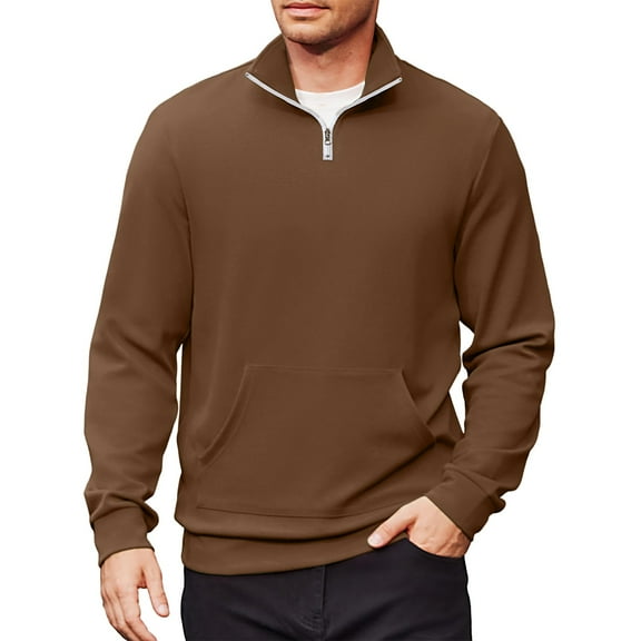 Domuza Men's Quarter Zip Up Pullover Casual Stand Collar Long Sleeve Cotton Sweatshirt Fall Loose Fit Lightweight Solid Polo Sweater with Pocket Light Brown XL