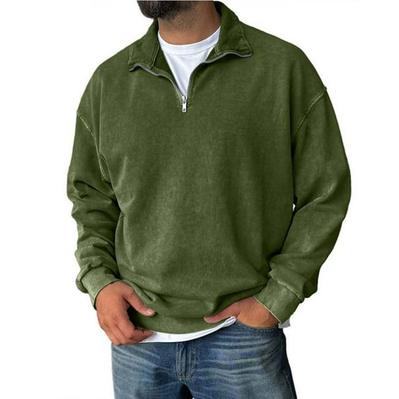 Domuza Men's Quarter Zip Pullover Distressed Acid Wash Long Sleeve Cotton Sweatshirt Fall Winter Casual Lapel Loose Fit Solid Pullover Top Army Green_006 L