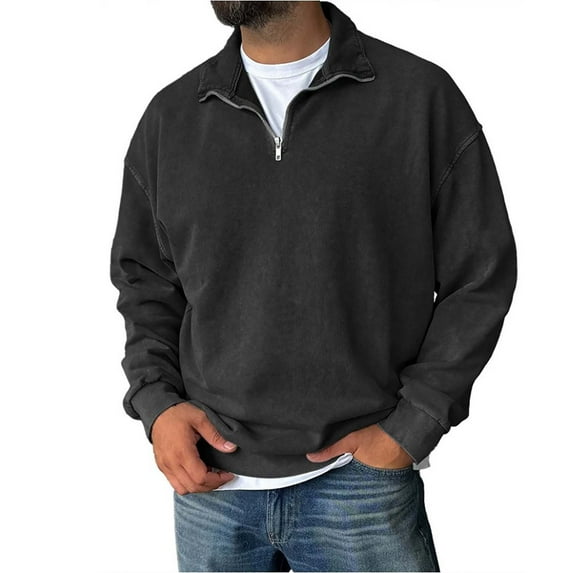 Domuza Men's Quarter Zip Up Pullover Distressed Acid Wash Long Sleeve Cotton Sweatshirt Fall Winter Collared Casual Loose Fit Solid Pullover Black_006 3XL
