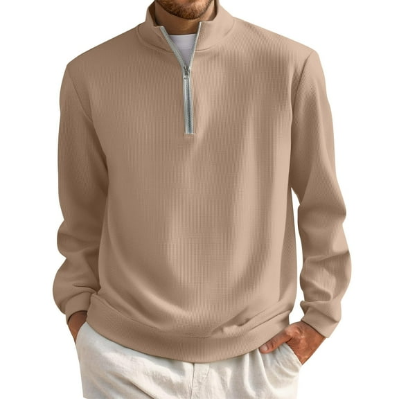 Domuza Men's Quarter-Zip Pullover Sweater Casual Mock Neck Long Sleeve Polo Shirt Fall Warm Waffle Knit Fleece Solid Color Sweatshirts Khaki 3XL